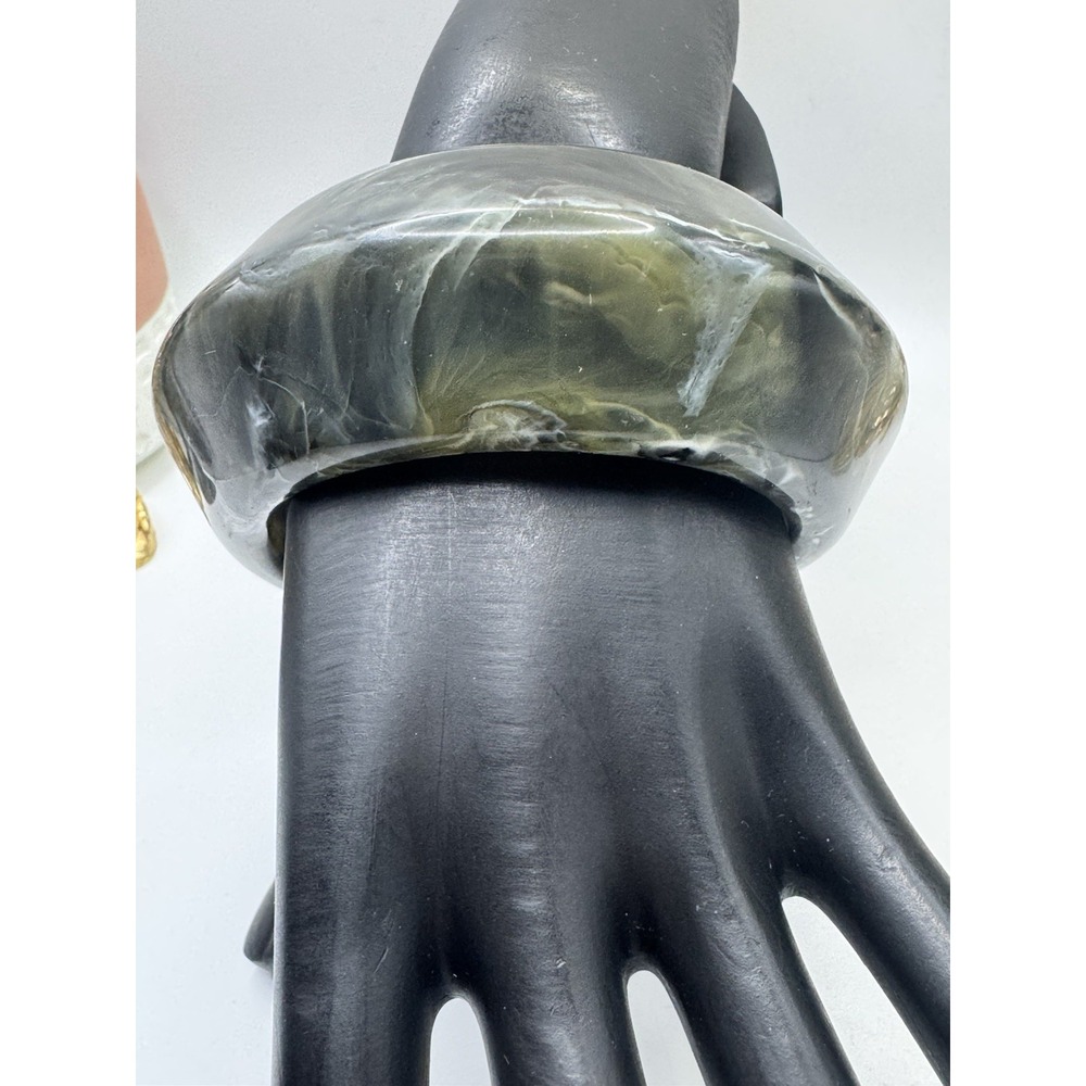 Chunky Statement Bangle Bracelet Green Olive Gray Swirl Wide Retro Acrylic 8in